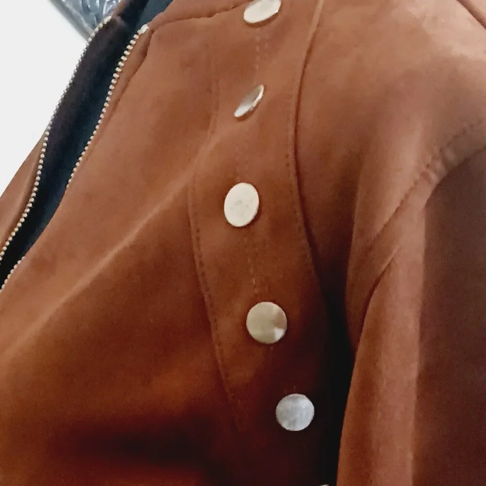 Super Cute Haute Monde Faux Suede Zip Up Jacket With Gold Accent Buttons - Picture 5 of 7